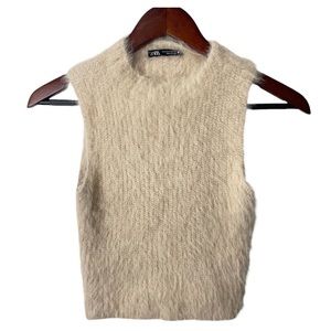 Zara Cream Mock Neck Eyelash Crop Top Womens Small